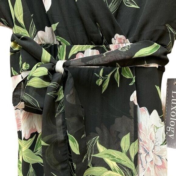 Floral Boho‎ Maxi Dress Womens Size 8 Black Pink Green Belted V Neck Long - Picture 2 of 8